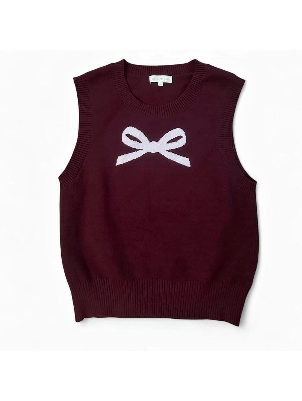 Ultra Flirt Burgundy Sleeveless Sweater Vest with Bow Detail Medium